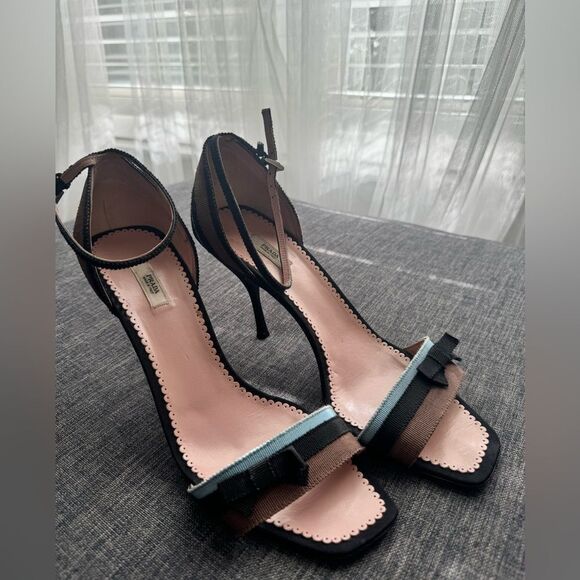 Prada Blue, Black, and Brown Grosgrain Striped Ankle Strap Heels with Bow Sz 40 - Picture 1 of 16